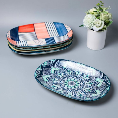 BR-22173 - 11\'\' ceramic dish,28*19*3.5cm,mix designs randomly, 6pcs/box